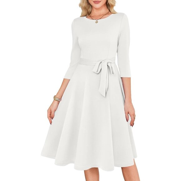 Women's White 3/4 Sleeve Vintage Flattering A-line Vintage Cocktail Dresses - Picture 4 of 5